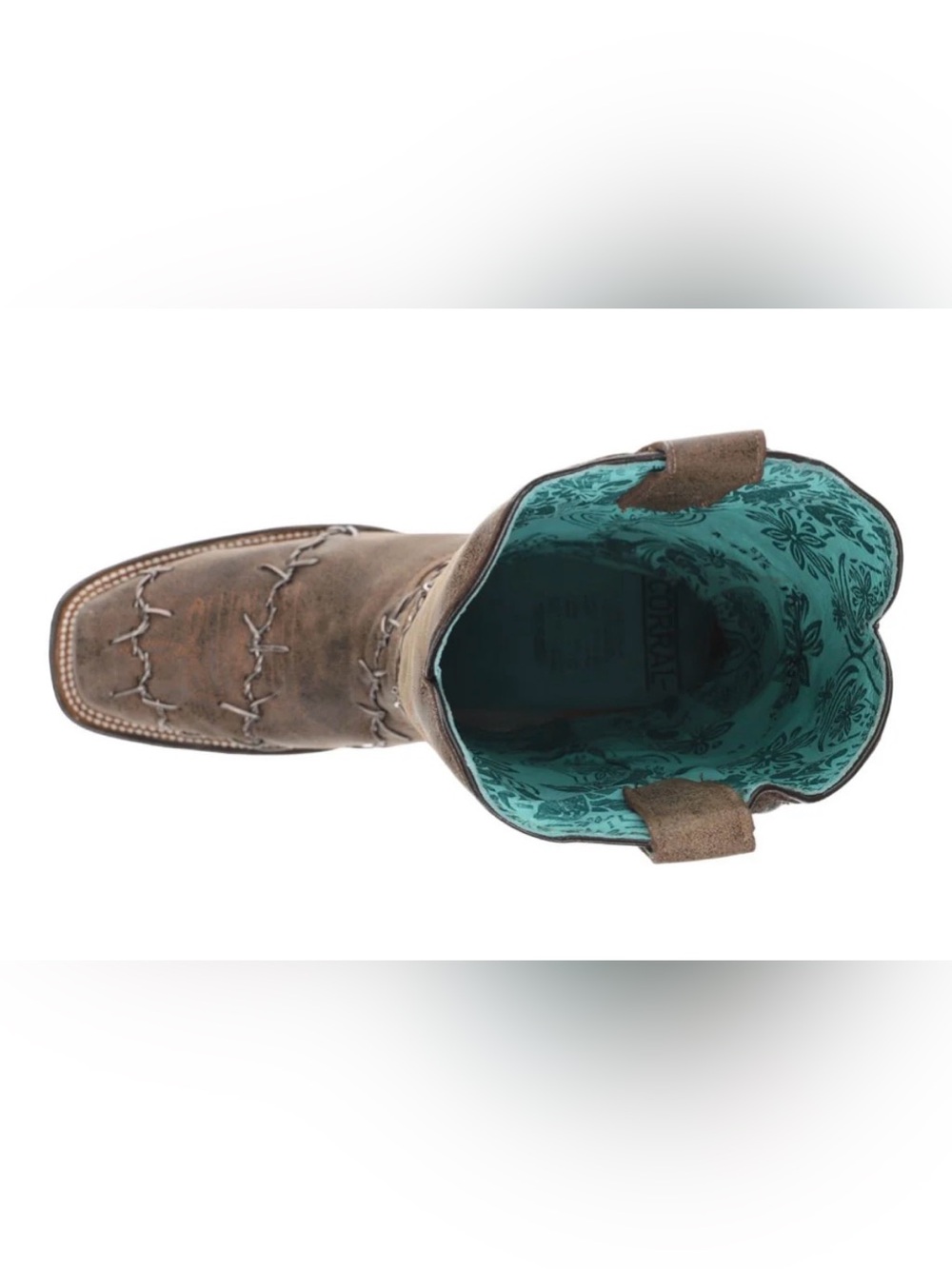 Corral Women’s Brown Barbed Wire Cowboy Boots with Turquoise Lining - Picture 9 of 10